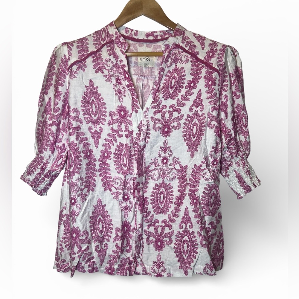 Umgee Women's White and Pink Blouse‎ V Neck Smock Cuff Paisley Tunic Small